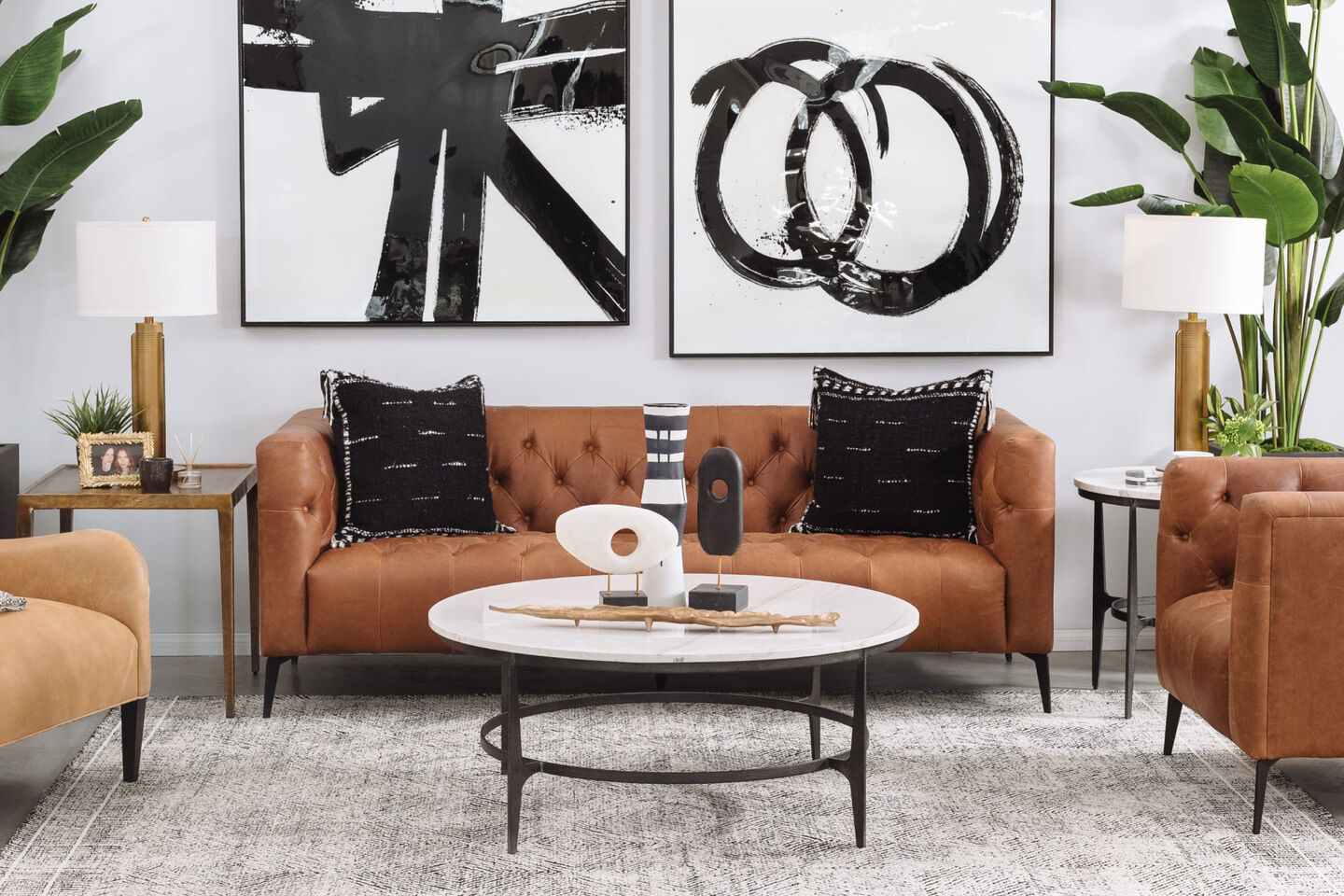 Hooker Nicolla Brown Leather Sofa in Modern Boho Living Room